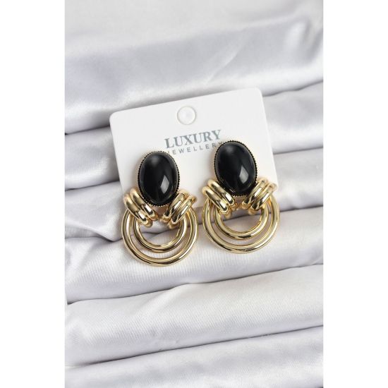 Pirinç Gold Renk Siyah Taşlı Vintage Kadın Küpe