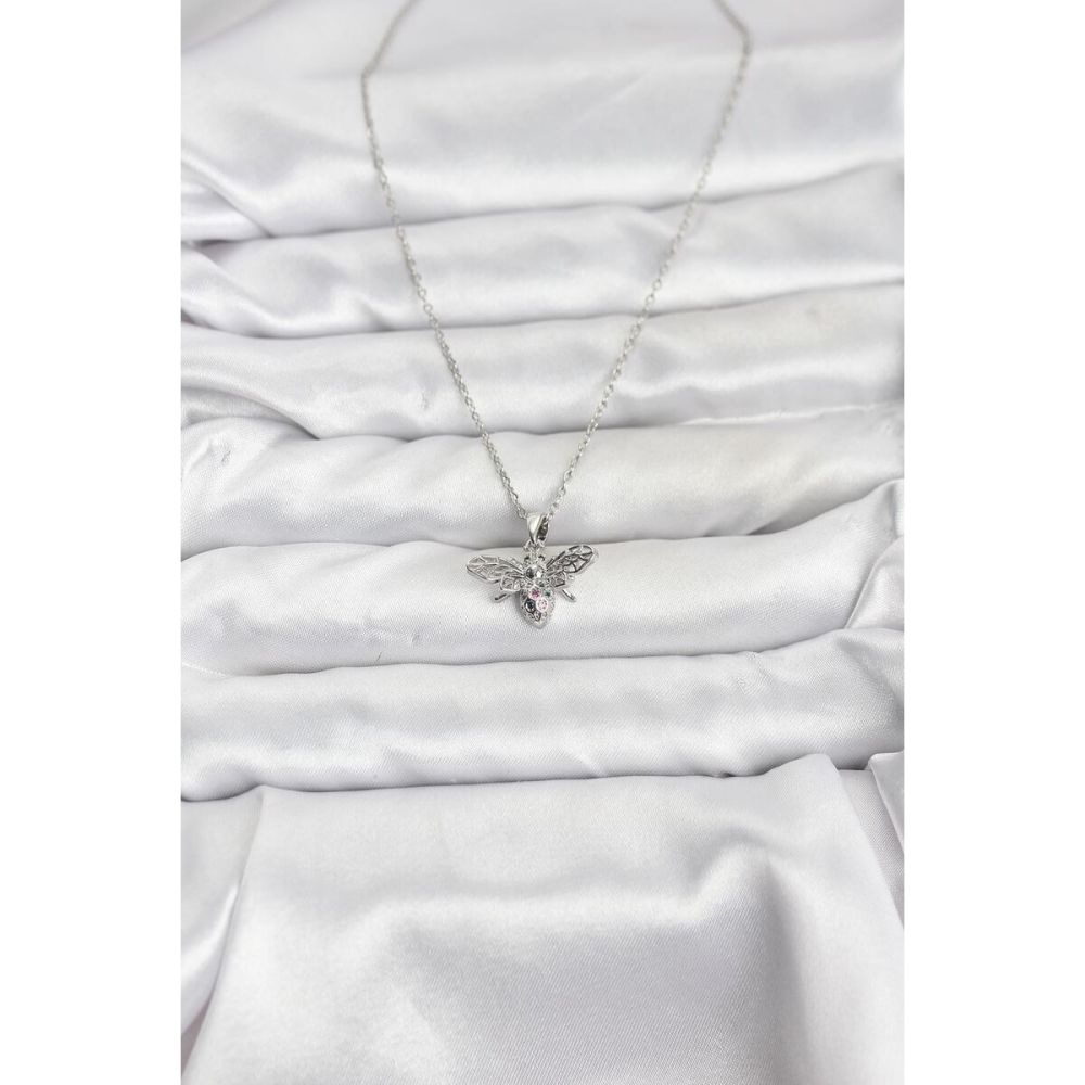 316L Çelik Zincir Gümüş Renk Sinek Model Zirkon Taşlı Kadın Kolye