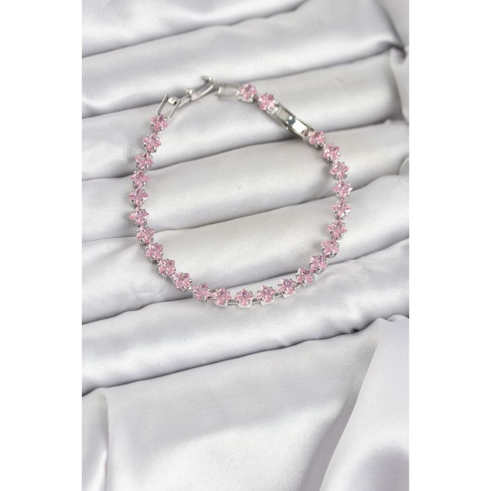 Pembe Kare Zirkon Taşlı Gümüş Renk Pirinç Su Yolu Kadın Bileklik