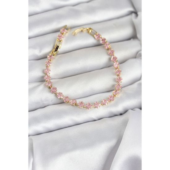Pembe Kare Zirkon Taşlı Gold Renk Pirinç Su Yolu Kadın Bileklik