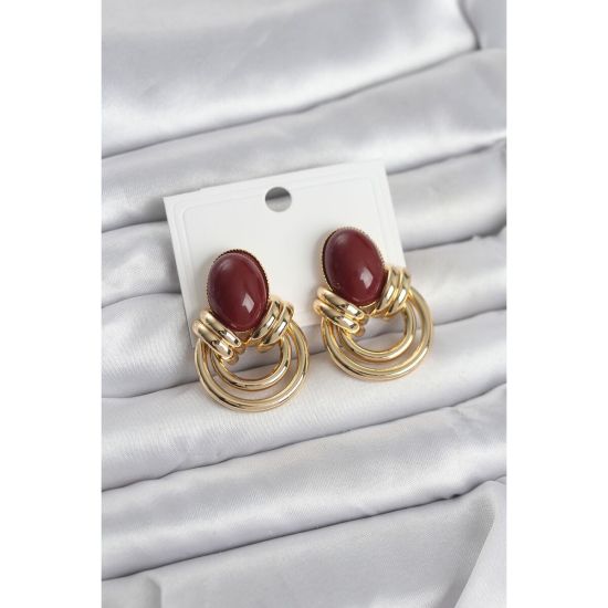 Pirinç Gold Renk Bordo Taşlı Vintage Kadın Küpe