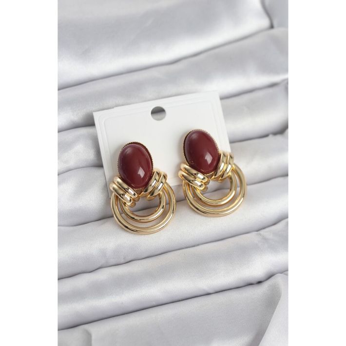 Pirinç Gold Renk Bordo Taşlı Vintage Kadın Küpe