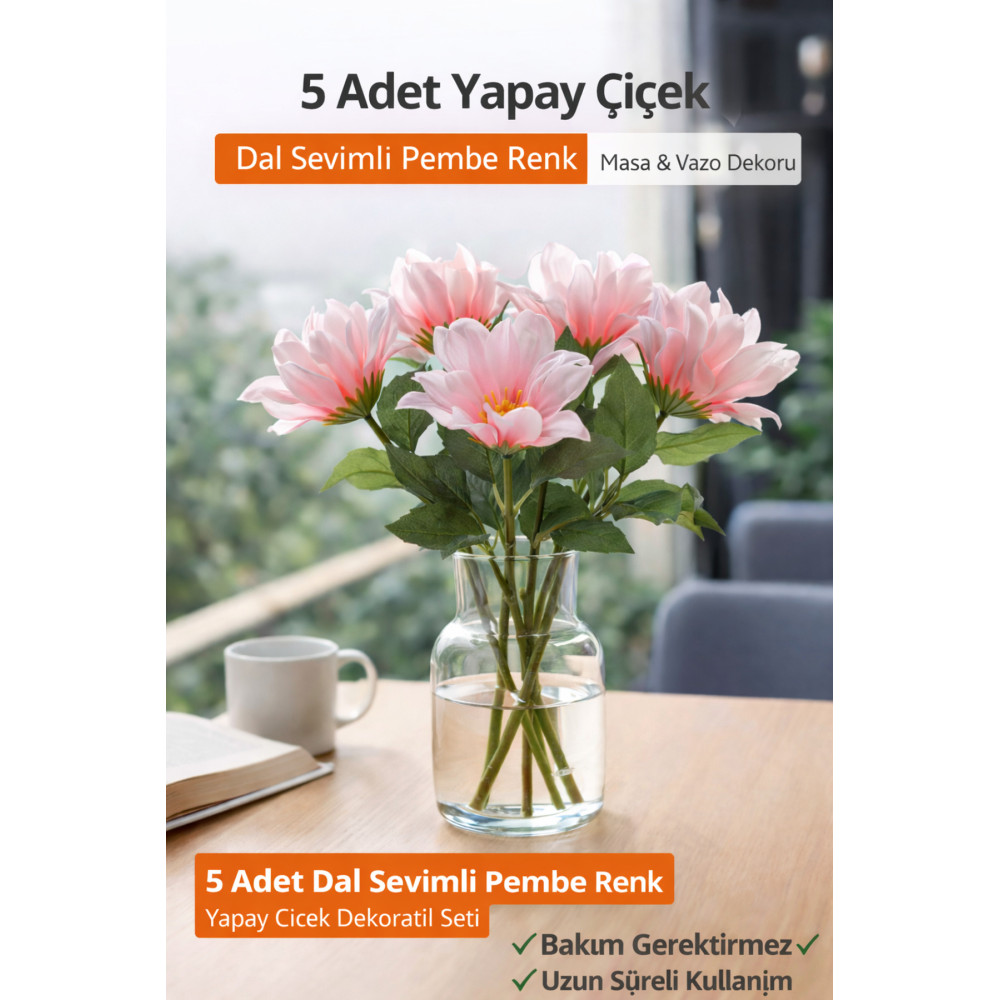 5 Adet Yapay Çiçek Dal Sevimli Pembe Renk | Masa & Vazo Dekoru