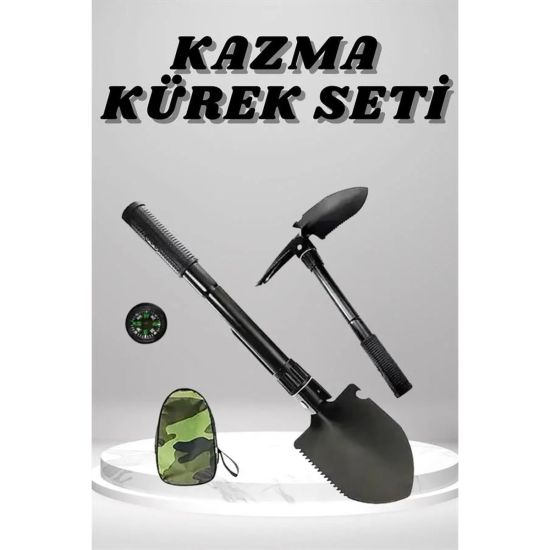 Kazma Kürek Seti Pusulalı Katlanır Portatif Kazma Kürek Seti Çok Fonks