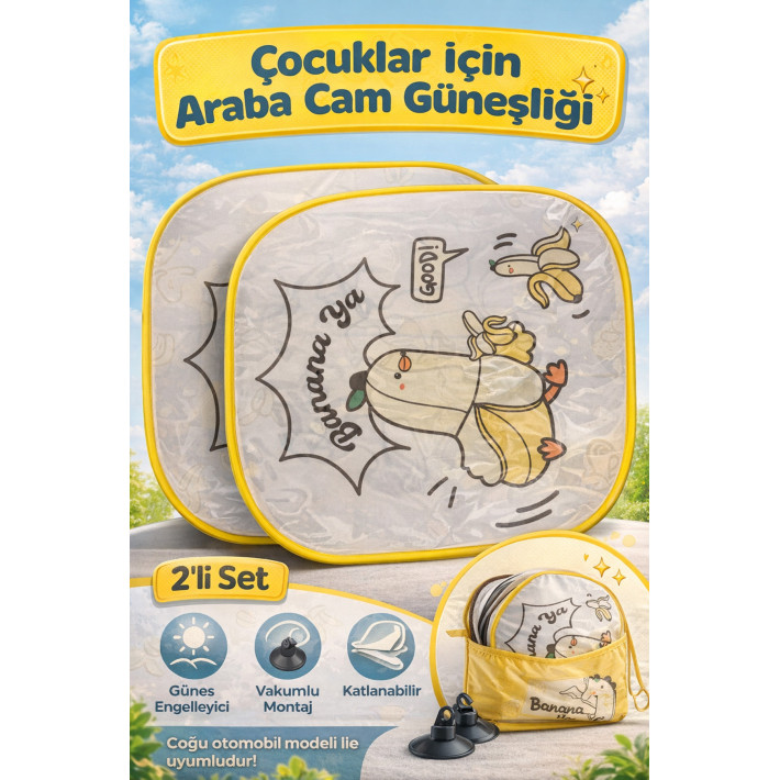 Çocuklar İçin Araba Cam Güneşliği 2li Set Muz Desenli Vakumlu Oto Yan Cam Gölgelik UV Koruyucu
