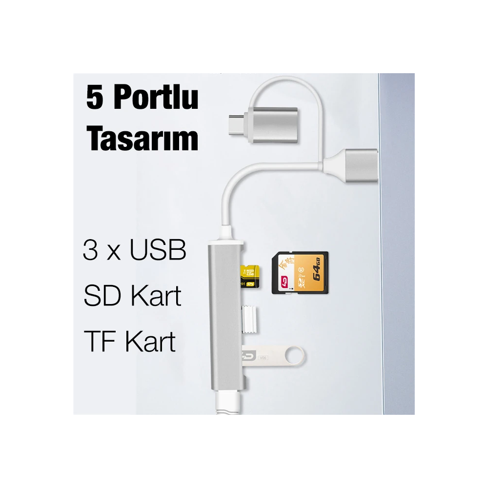 ALLY A-807 5in1 Type-C + USB Girişli USB 3.0 Çoğaltıcı Hub Adaptör
