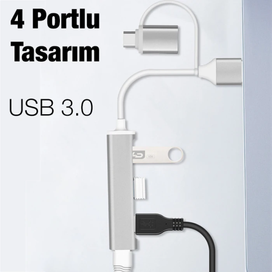 ALLY A-806 4in1 Type-C + USB Girişli USB 3.0 Çoğaltıcı Hub Adaptör Çev