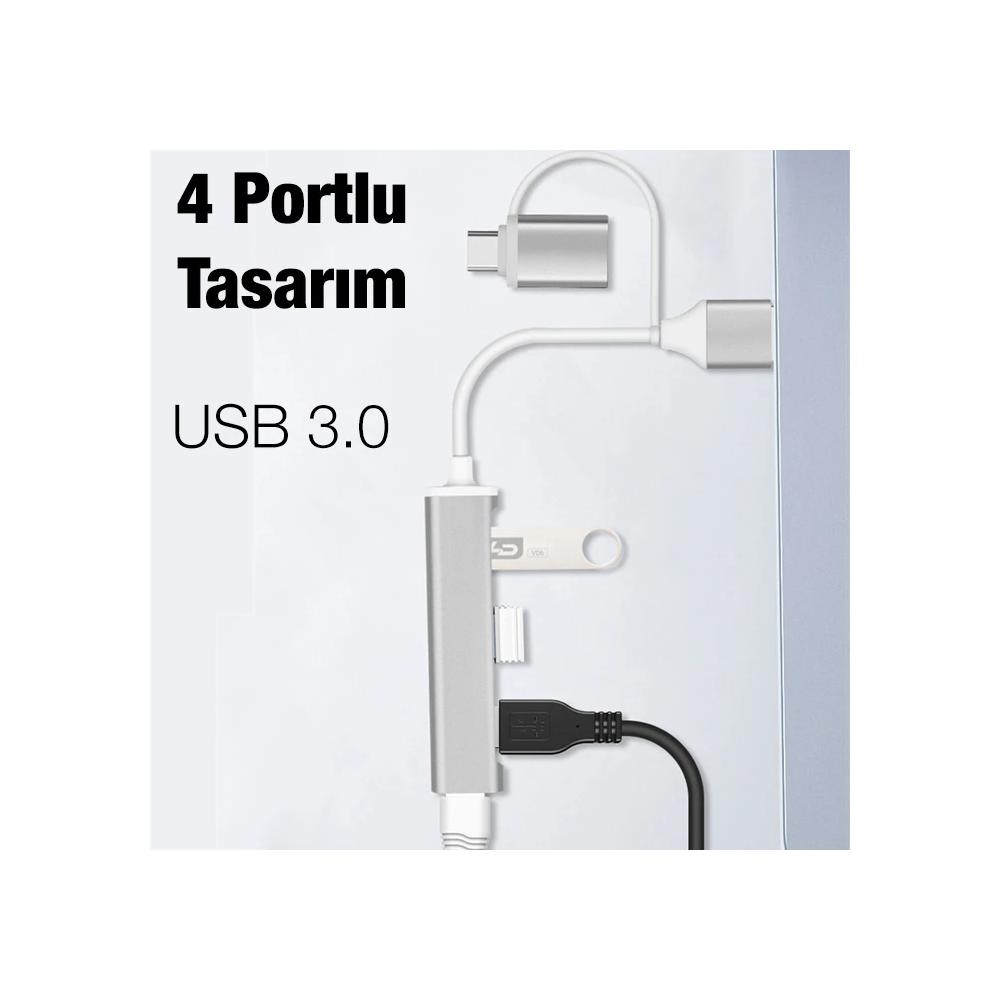 ALLY A-806 4in1 Type-C + USB Girişli USB 3.0 Çoğaltıcı Hub Adaptör Çev