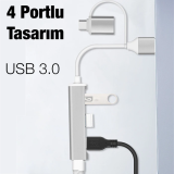 ALLY A-806 4in1 Type-C + USB Girişli USB 3.0 Çoğaltıcı Hub Adaptör Çev