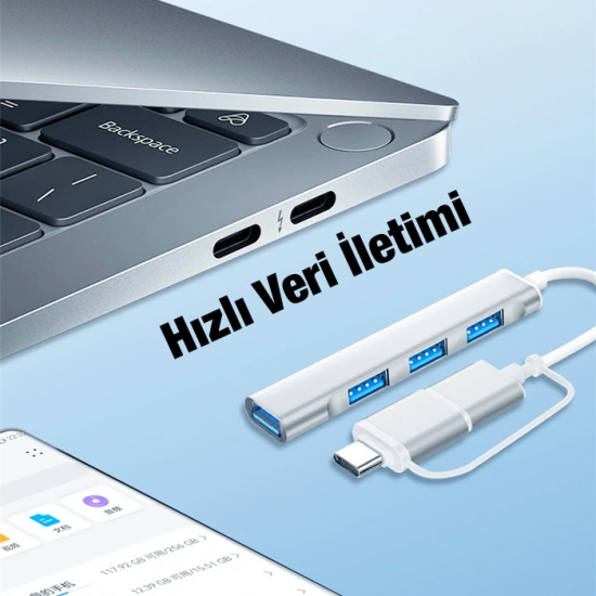 ALLY A-806 4in1 Type-C + USB Girişli USB 3.0 Çoğaltıcı Hub Adaptör Çev