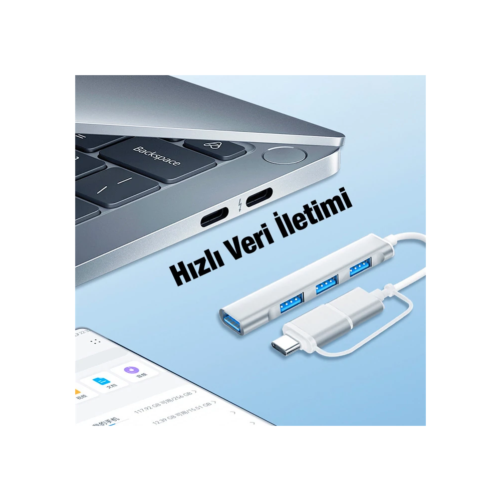 ALLY A-806 4in1 Type-C + USB Girişli USB 3.0 Çoğaltıcı Hub Adaptör Çev