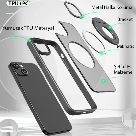 ALLY iPhone 14 Plus İçin Magsafe Uyumlu Yüzük Standlı Manyetik Silikon