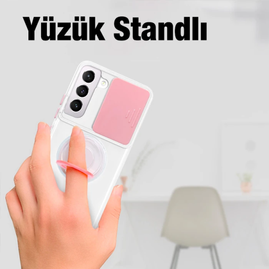Ally SM Galaxy S22 Plus Kılıf Sürgülü Kamera Lens Korumalı Yüzük Stand