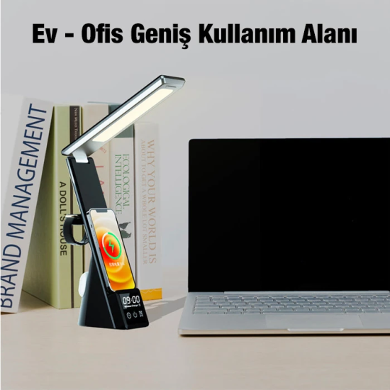 ALLY Dijital Saatli 15W Kablosuz Şarjlı LED Işıklı Katlanabilir Masa L