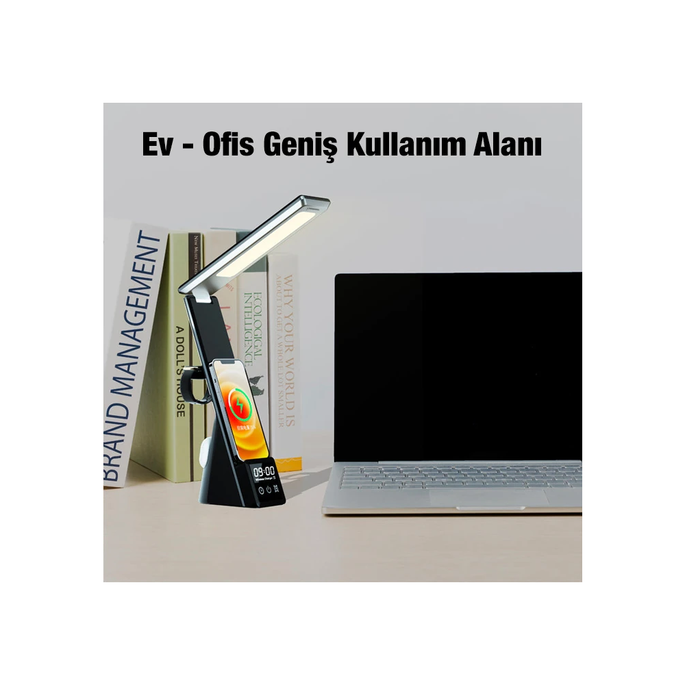 ALLY Dijital Saatli 15W Kablosuz Şarjlı LED Işıklı Katlanabilir Masa L