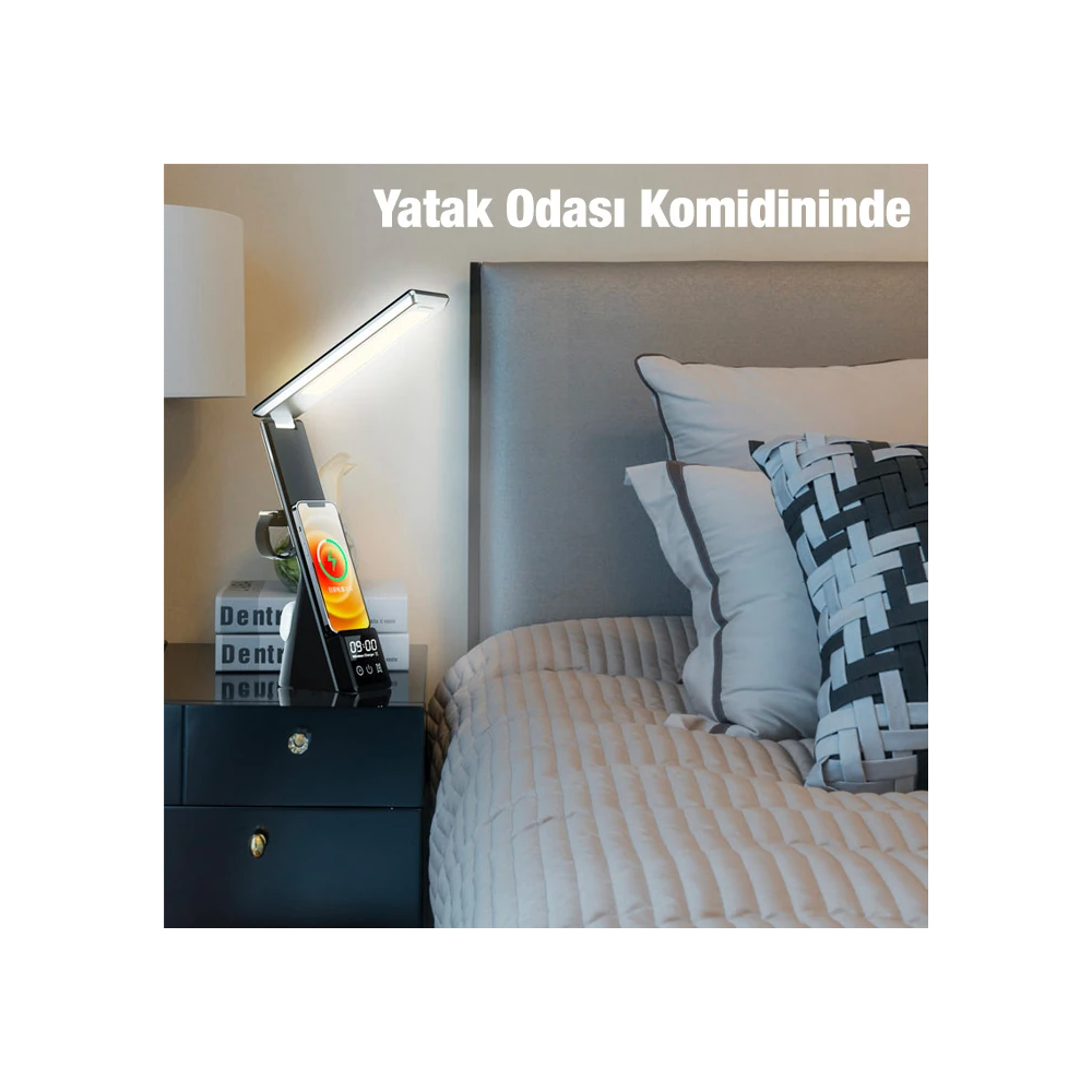ALLY Dijital Saatli 15W Kablosuz Şarjlı LED Işıklı Katlanabilir Masa L