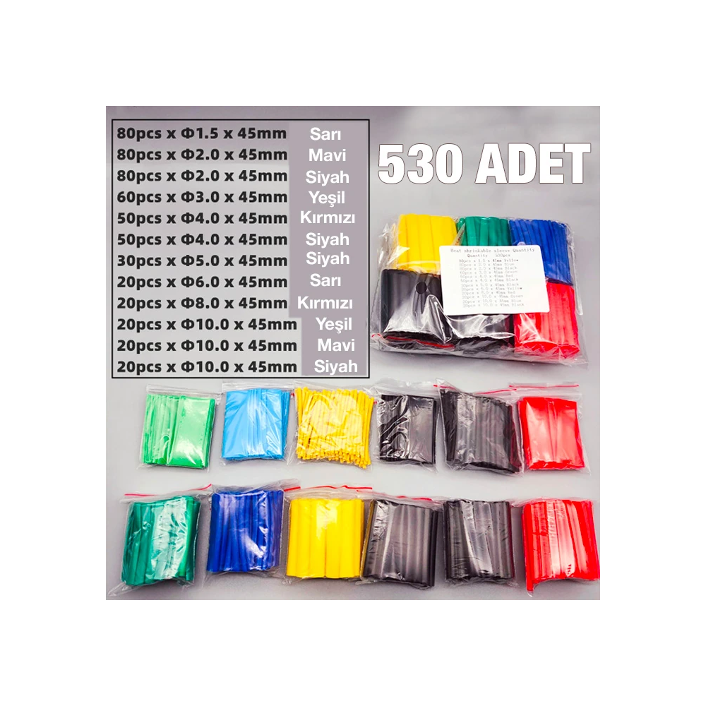 Ally 5 Renk Makaron Isı İle Daralan Kablo Seti 530 Adet 8 Boy Set