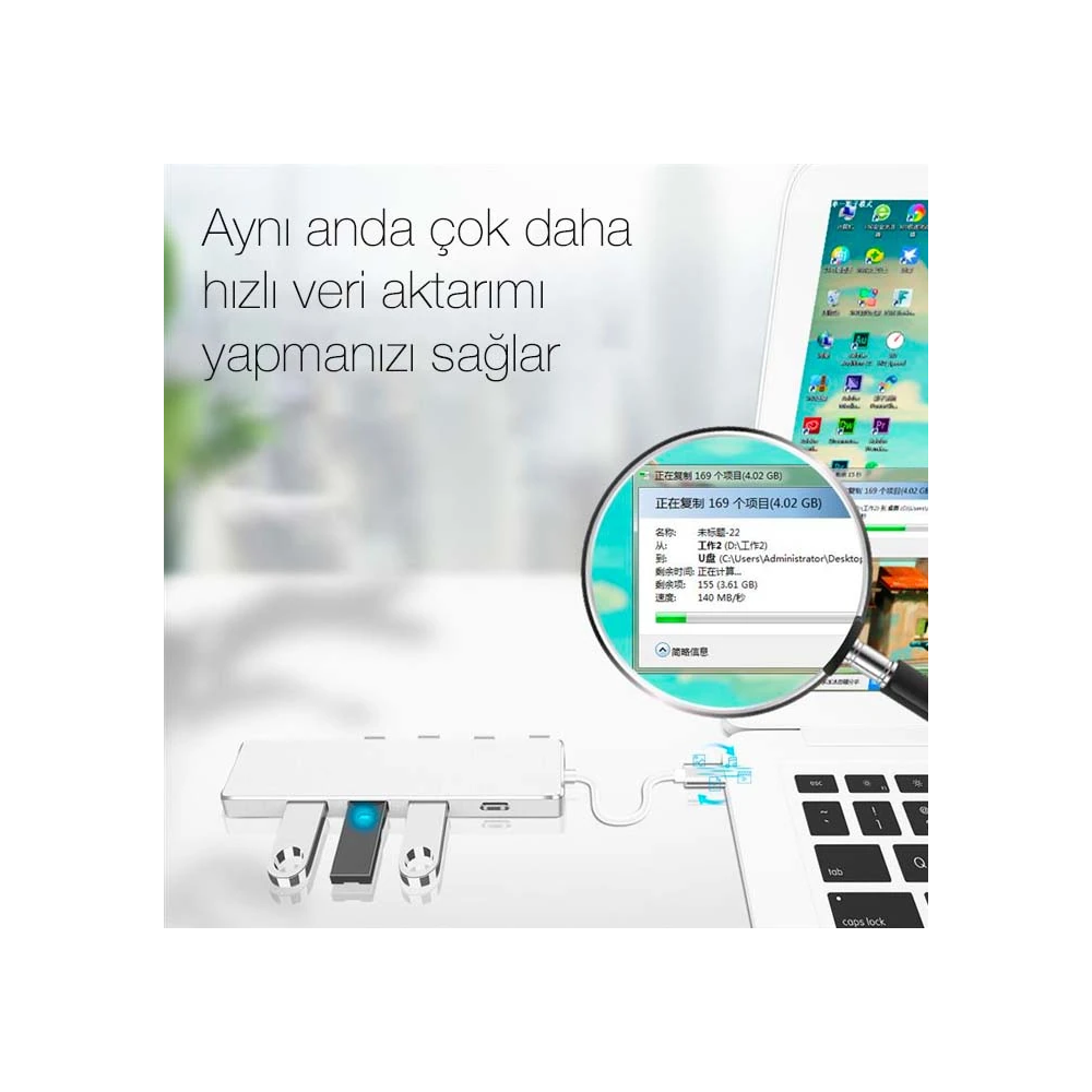 ALLY ADS-301C 5 in 1 Type C Dönüştürücü 4 Usb Portlu Adaptör Hub Çokla