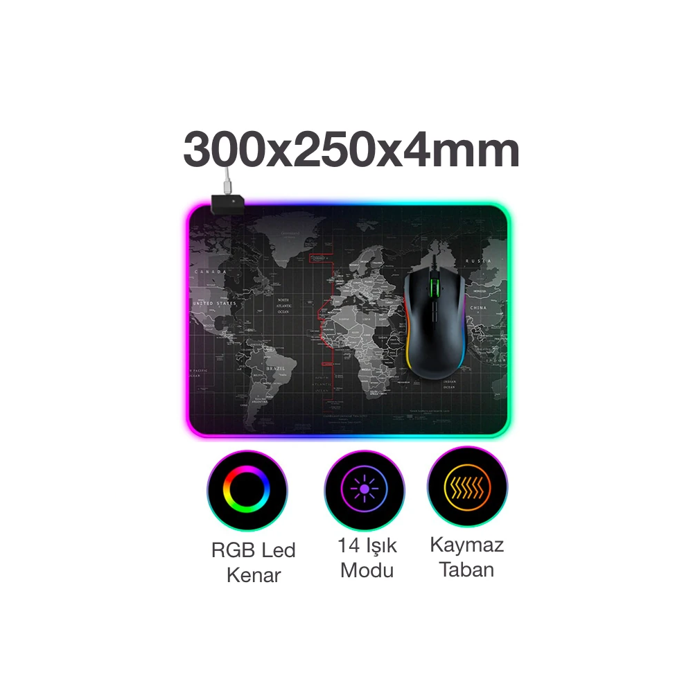 ALLY Dünya Desenli RGB Led Işıklı Oyuncu Mouse Pad 300*250*4MM