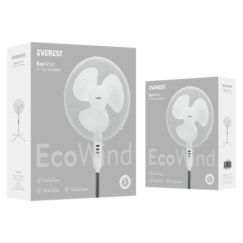 EVEREST FAN10, BEYAZ, EcoWind, 3 Kademeli Hız, 40cm 3 Kanat Pervane ve