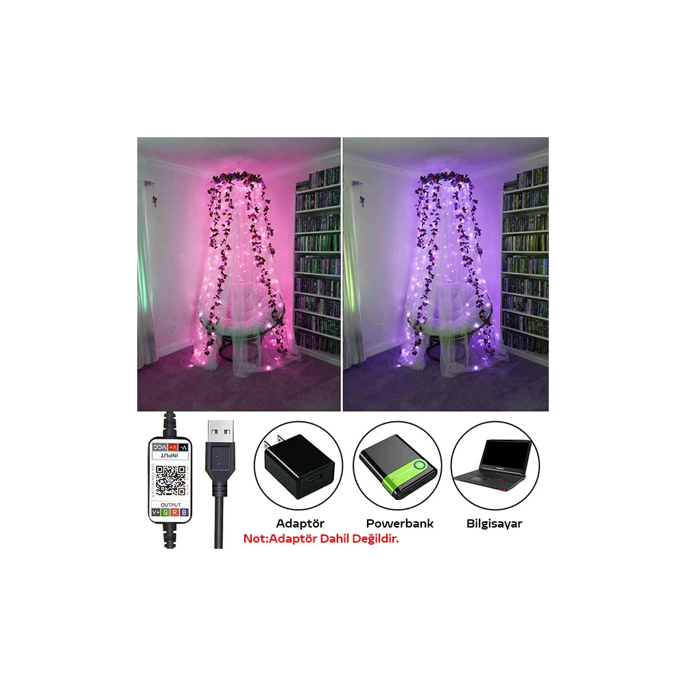 ALLY 10MT 100 LED RGB Bluetooth Telefonla Kontrol Edilen Usb Led Lamba
