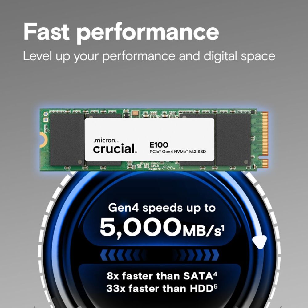 CRUCIAL CT1000E100SSD8, E100, 1TB, 5000/4500, Gen4, NVME PCIe M.2 2280
