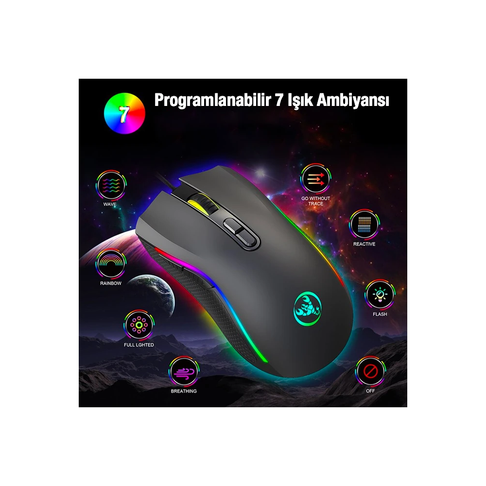 HXSJ A869 7200DPI Ayarlanabilir RGB Işık Gaming Oyuncu Mouse
