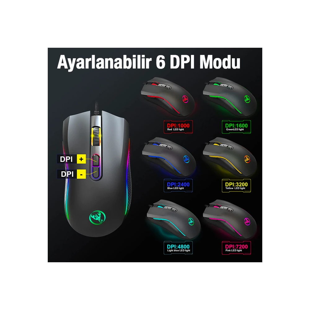 HXSJ A869 7200DPI Ayarlanabilir RGB Işık Gaming Oyuncu Mouse