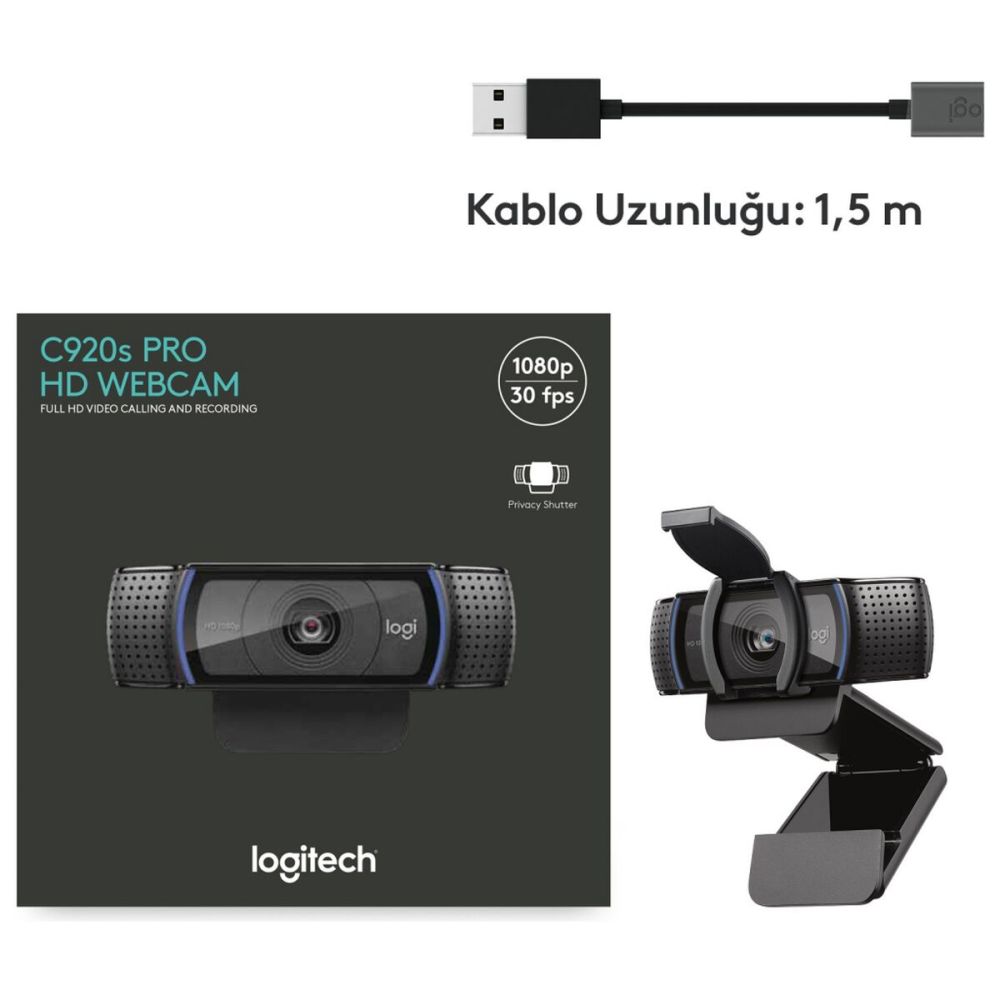 LOGITECH 960-001252, C920S, HD PRO 1080p/30 fps, Dahili Çift Mikrofonl