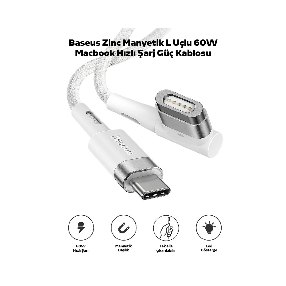 Baseus Zinc Manyetik L Uçlu 60W Macbook Hızlı Şarj Güç Kablosu 2m