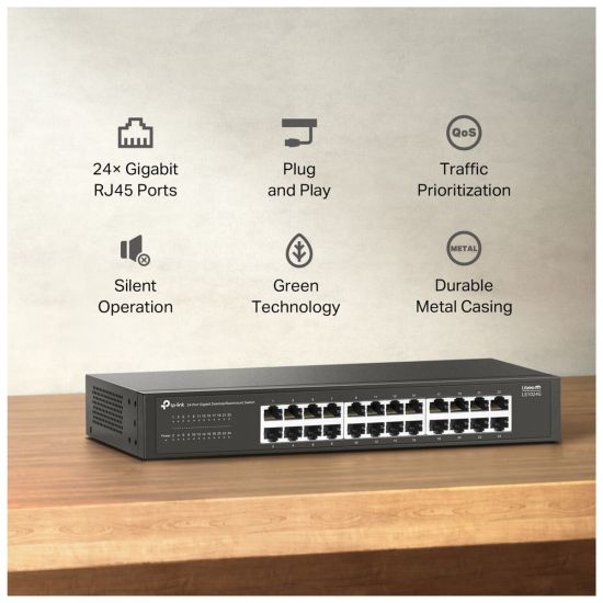 TP-LINK LS1024G, Green Tech, 24 Port GigaBit, Yönetilemez, Metal Kasa,