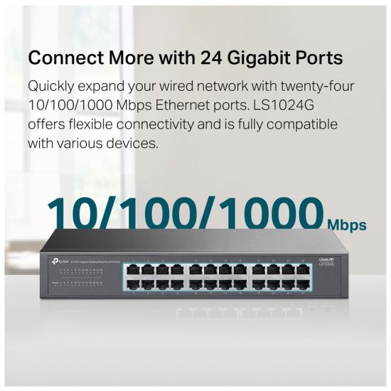 TP-LINK LS1024G, Green Tech, 24 Port GigaBit, Yönetilemez, Metal Kasa,