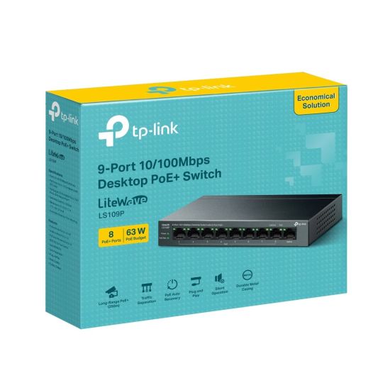TP-LINK LS109P, Green Tech, 8 Port MegaBit, POE 63W, 1 Port Uplink, Lo
