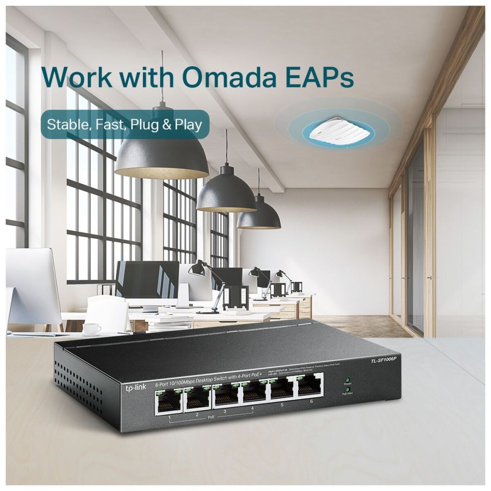 TP-LINK TL-SF1006P, 6 Port, MegaBit, 4 Port PoE 67W, Yönetilemez, Meta