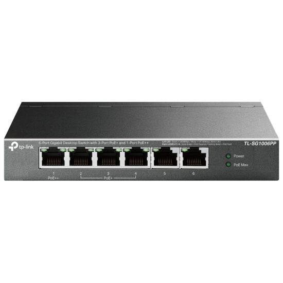 TP-LINK TL-SG1006PP, 6 Port, GigaBit, 4 Port PoE 64W, Yönetilemez, Met