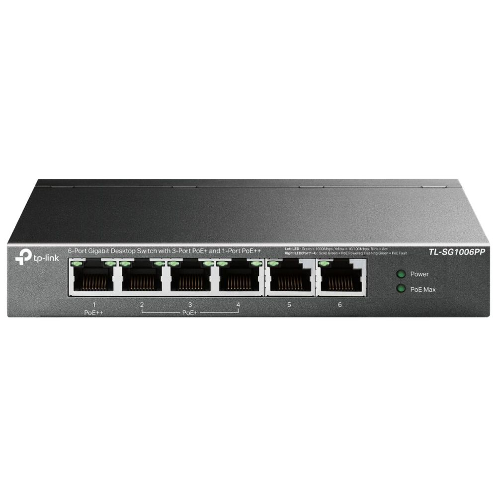 TP-LINK TL-SG1006PP, 6 Port, GigaBit, 4 Port PoE 64W, Yönetilemez, Met