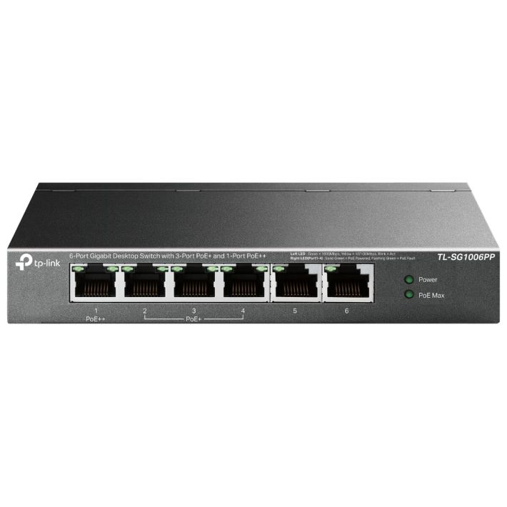 TP-LINK TL-SG1006PP, 6 Port, GigaBit, 4 Port PoE 64W, Yönetilemez, Met