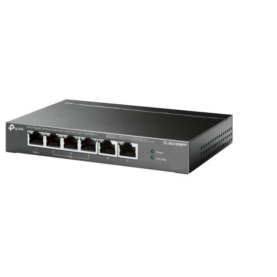 TP-LINK TL-SG1006PP, 6 Port, GigaBit, 4 Port PoE 64W, Yönetilemez, Met