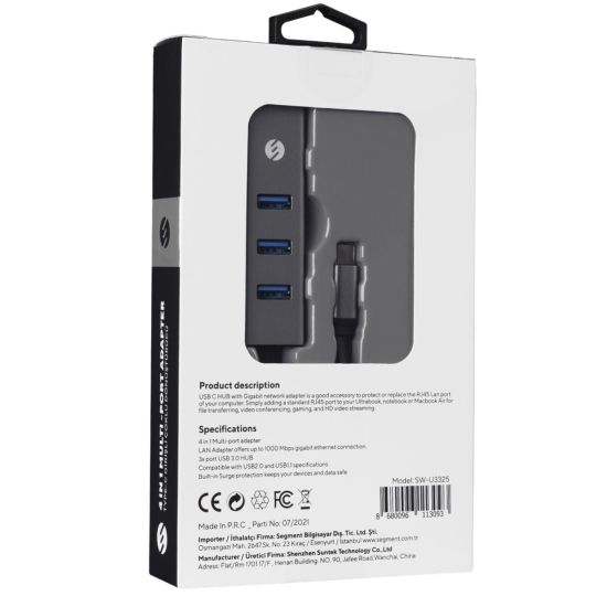 S-LINK SW-U3325, GigaBit, Type-C to RJ45, 3xUSB 3.0, Metal, Ethernet K