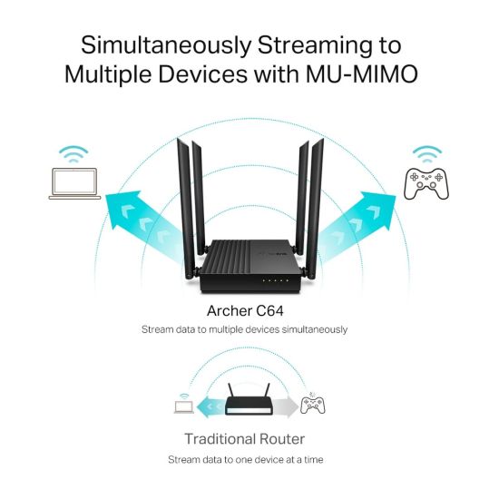 TP-LINK ARCHER C64, AC1200, 4Port, 1200Mbps, Dual Band WiFi, Masaüstü,
