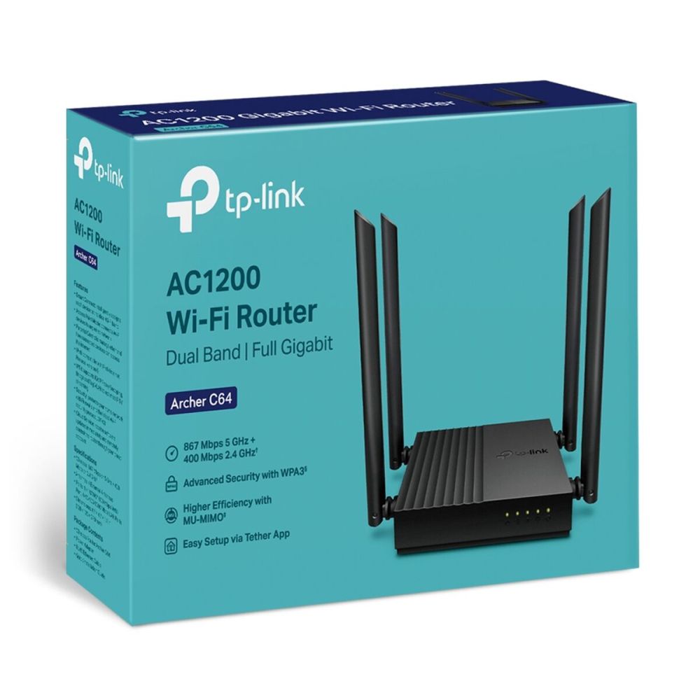 TP-LINK ARCHER C64, AC1200, 4Port, 1200Mbps, Dual Band WiFi, Masaüstü,