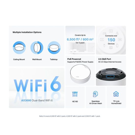 TP-LINK DECO-X50-POE, AX3000, Tekli Mesh, 3000Mbps, Dual Band, WiFi6, 