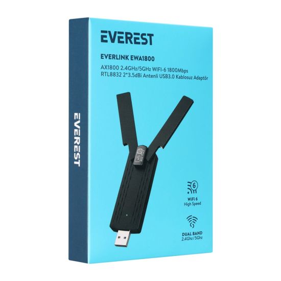 EVEREST EWA1800, 1800Mbp, 2.4Ghz ve 5Ghz Dual Band, WIFI 6, 2x3.5dbi A