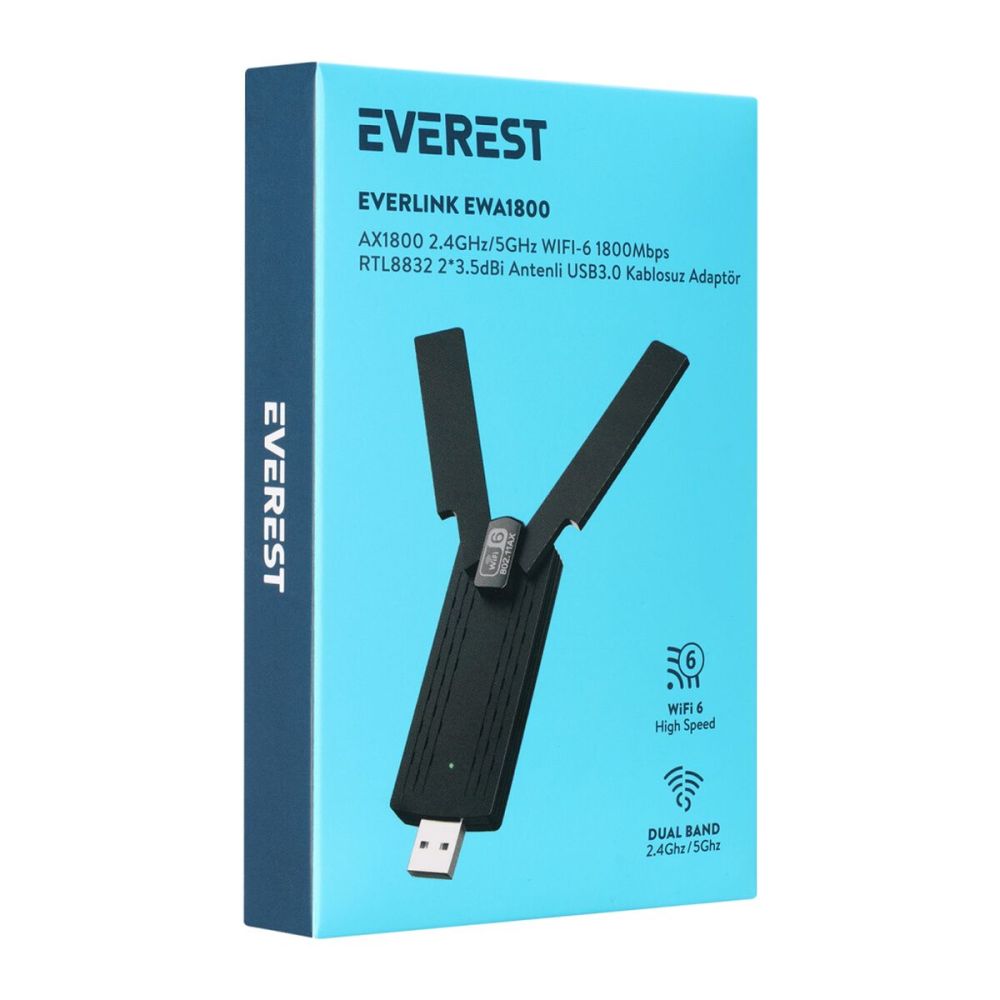 EVEREST EWA1800, 1800Mbp, 2.4Ghz ve 5Ghz Dual Band, WIFI 6, 2x3.5dbi A