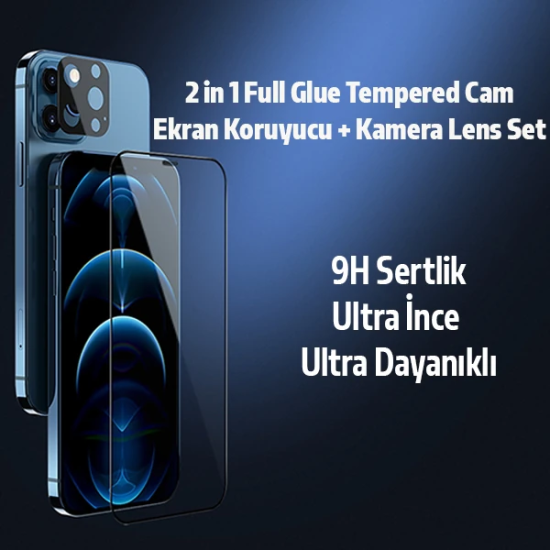 İPhone 12 Pro Max 2İN1 Full Glue Tempered Cam Ekran Koruyucu +Kamera L