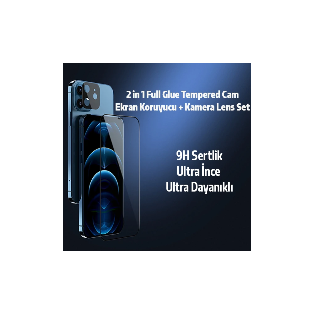 İPhone 12 Mini 2İN1 Full Glue Tempered Cam Ekran Koruyucu +Kamera Lens