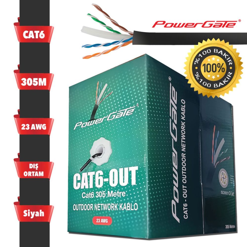POWERGATE CAT6-OUT-COPPER, Outdoor (Dış Mekan), Polietilen, 23AWG 0.57