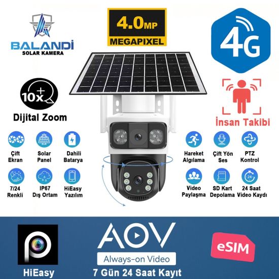 BALANDI PRO-8200GIP 4MP 2 Kameralı 4G AOV ESIM Solar Kamera, HIEASY Ya