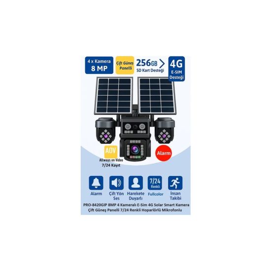 BALANDI PRO-8420GIP 8MP 4 Kameralı 4G AOV ESIM Solar Kamera, HIEASY Ya