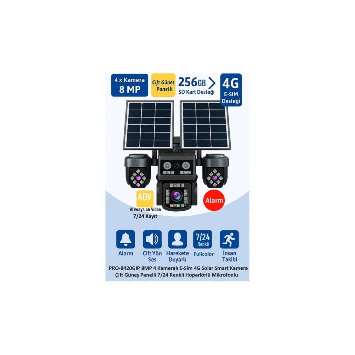 BALANDI PRO-8420GIP 8MP 4 Kameralı 4G AOV ESIM Solar Kamera, HIEASY Ya